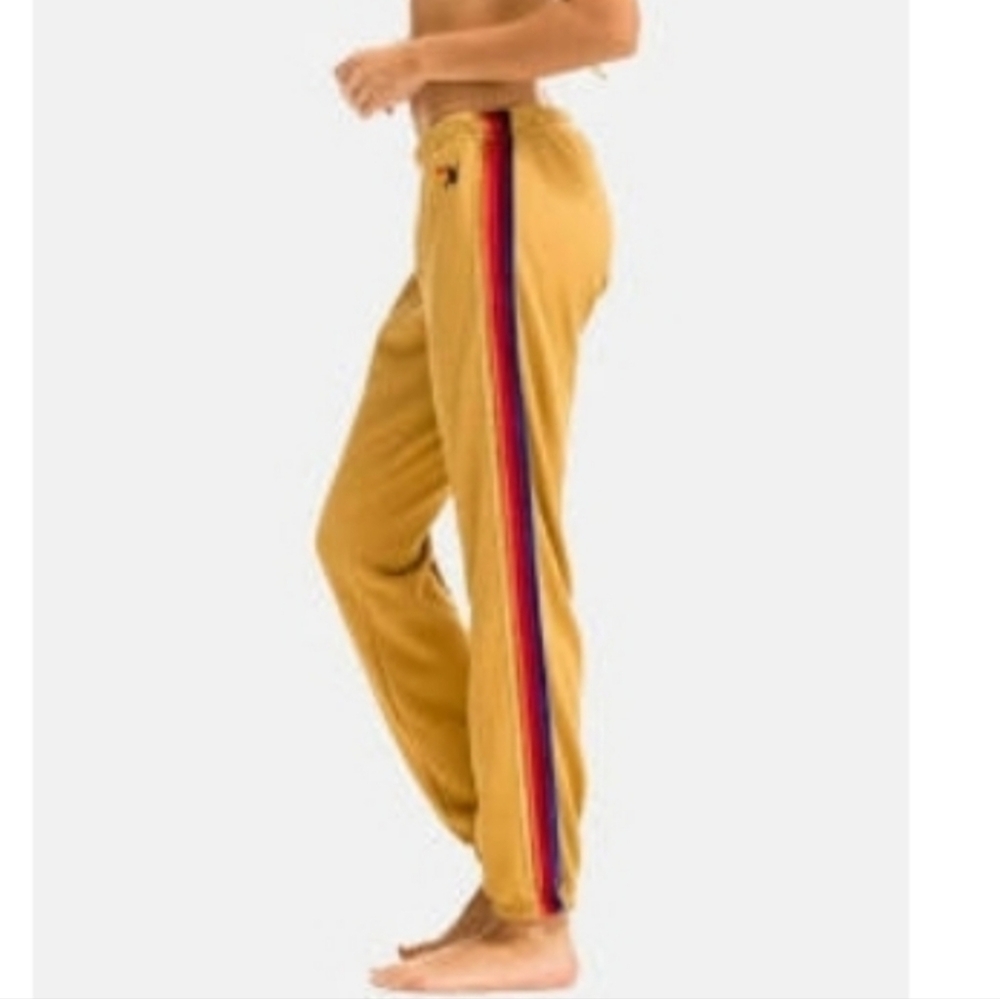 Aviator Nation Mustard Track Pants with Red & Navy Side Stripes